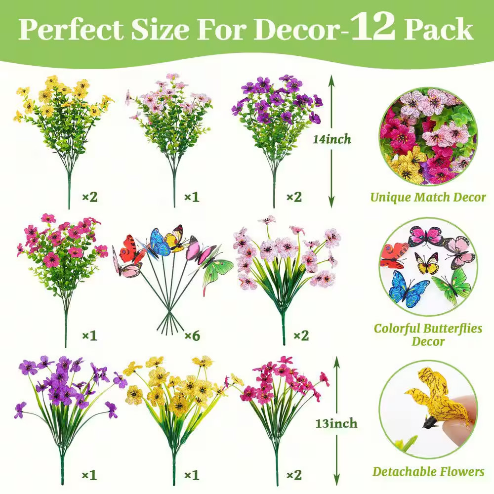 2.00 In. 12 Bundles UV Resistant Artificial Outdoor Flowers with 6 Butterflies f