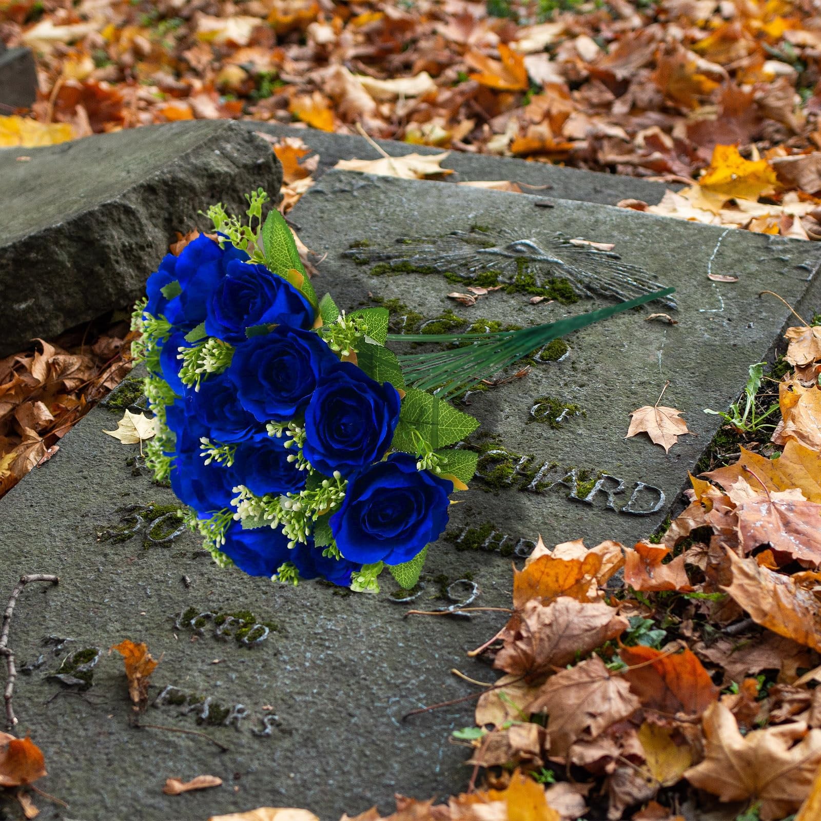 CUQRY Cemetery Decorations for Grave-18 Blue Silk Memorial Artificial Rose Fl…