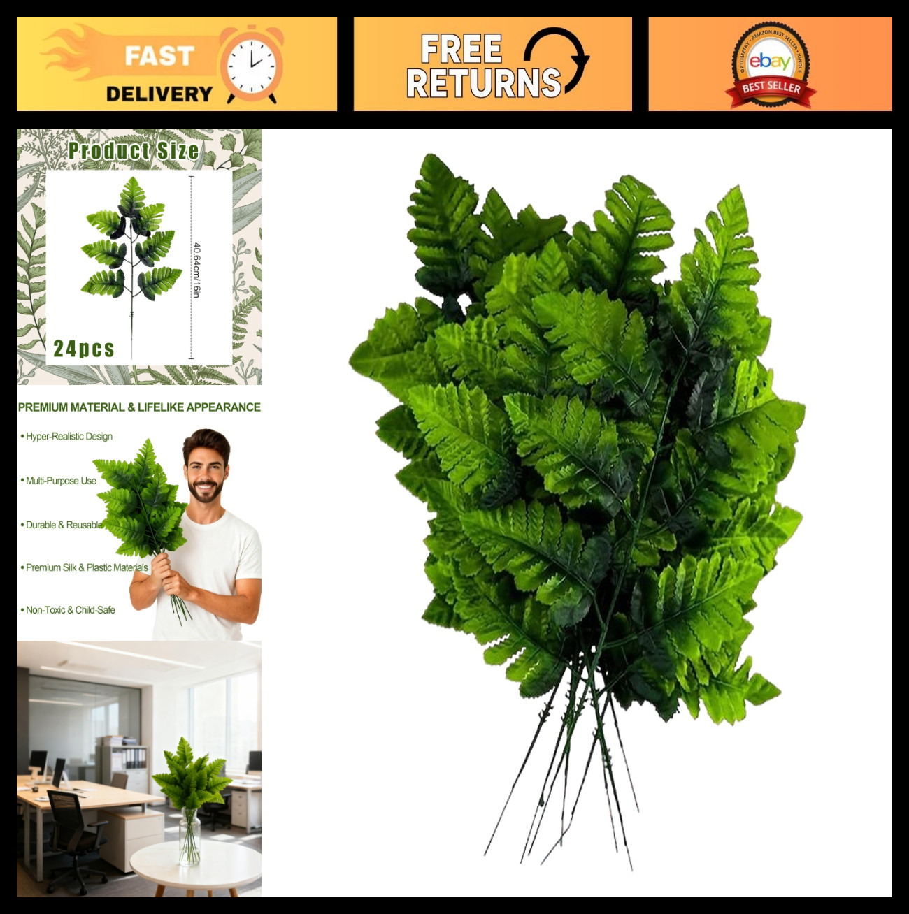 24PCS 16-Inch Artificial Silk Fern Leaves – Realistic Greenery for Weddings & Ho