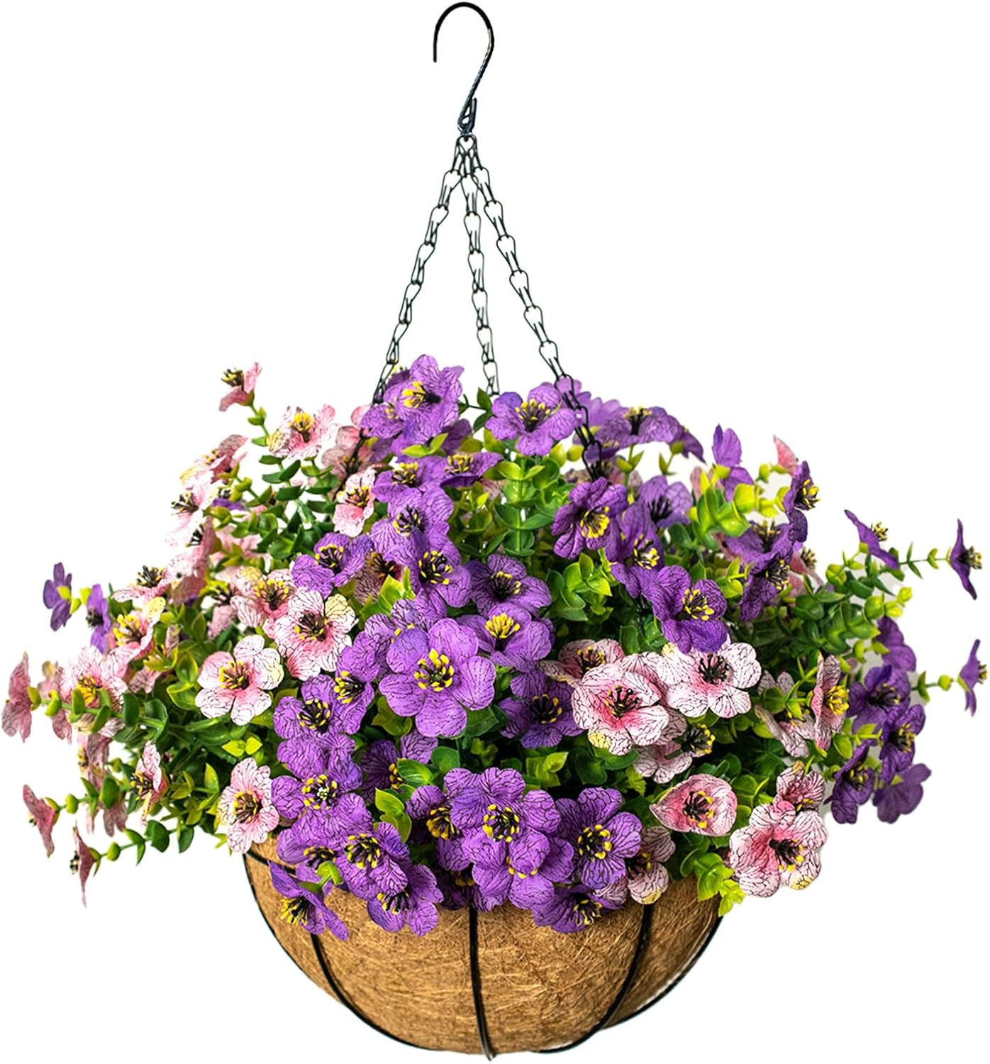 UV Resistant Artificial Hanging Flowers with Basket for Outdoor Decor, 12 Bundle