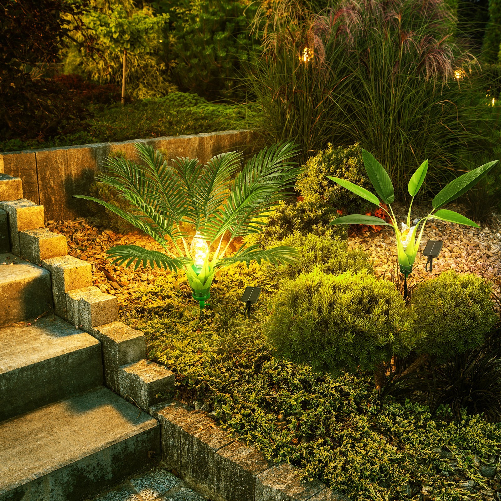 2PCS Artificial Plants Outdoor with Solar Lights Realistic Fake Plants for Yard