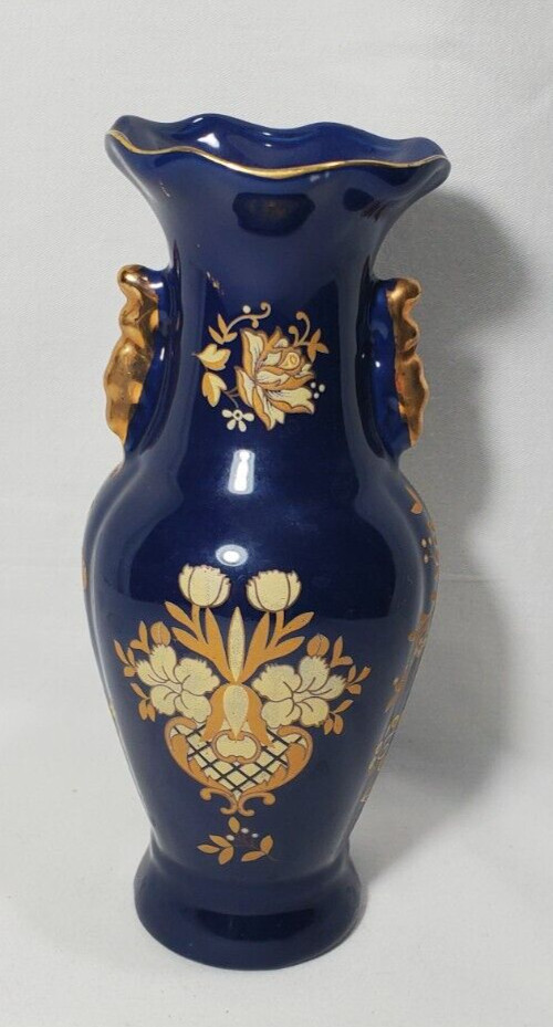 Hand-painted Dark Blue With Gold Floral Porcelain Vase 8″H