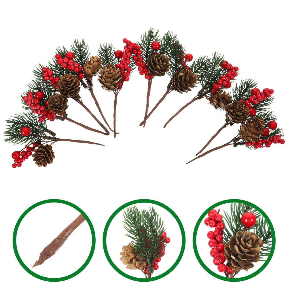 10 Pcs Christmas Cuttings Red Floral Picks Artificial Green Pine Needles