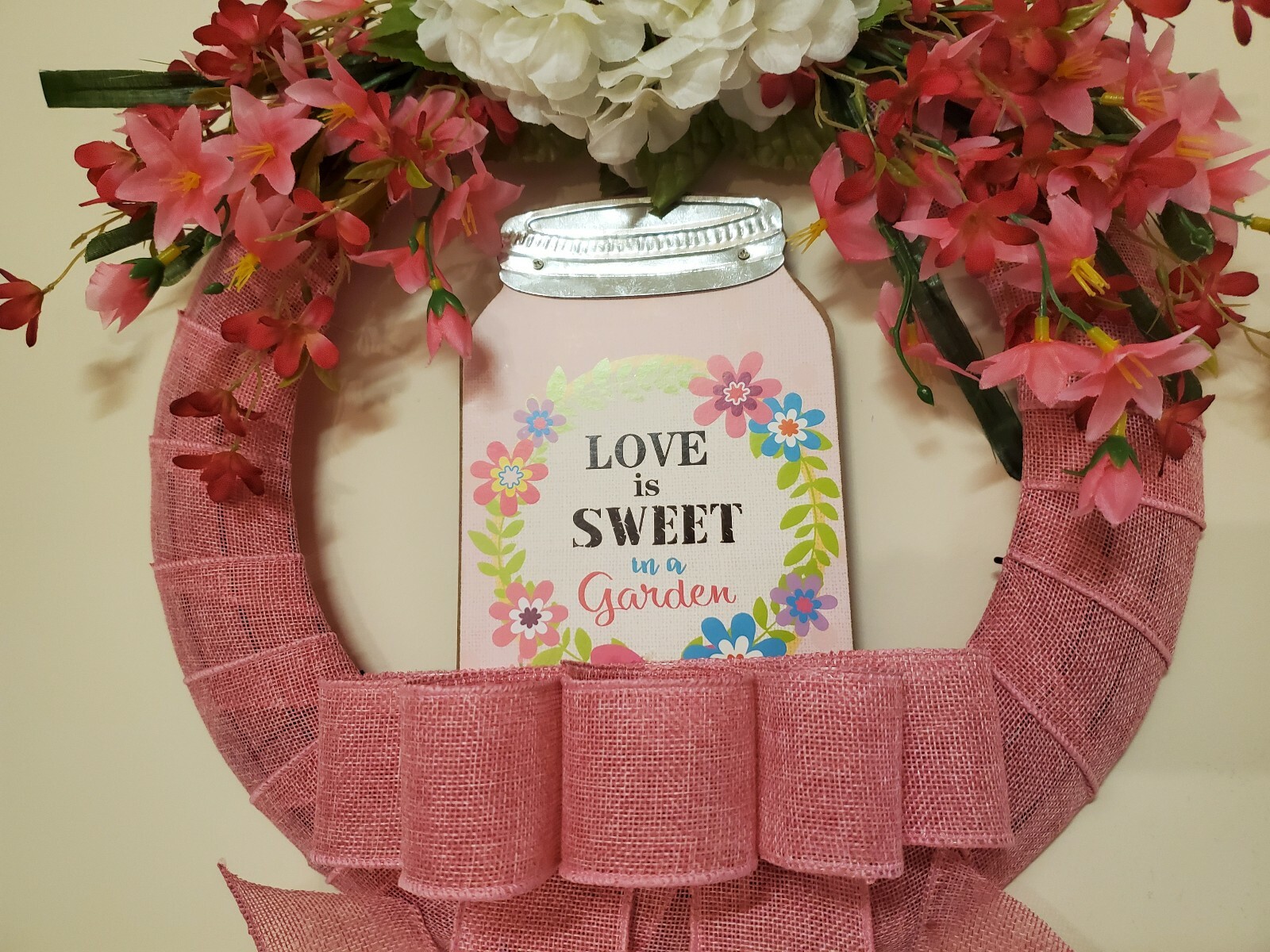 Wreath “LOVE is SWEET in a garden” Pink burlap mesh Pink flowers Decor Door 16″