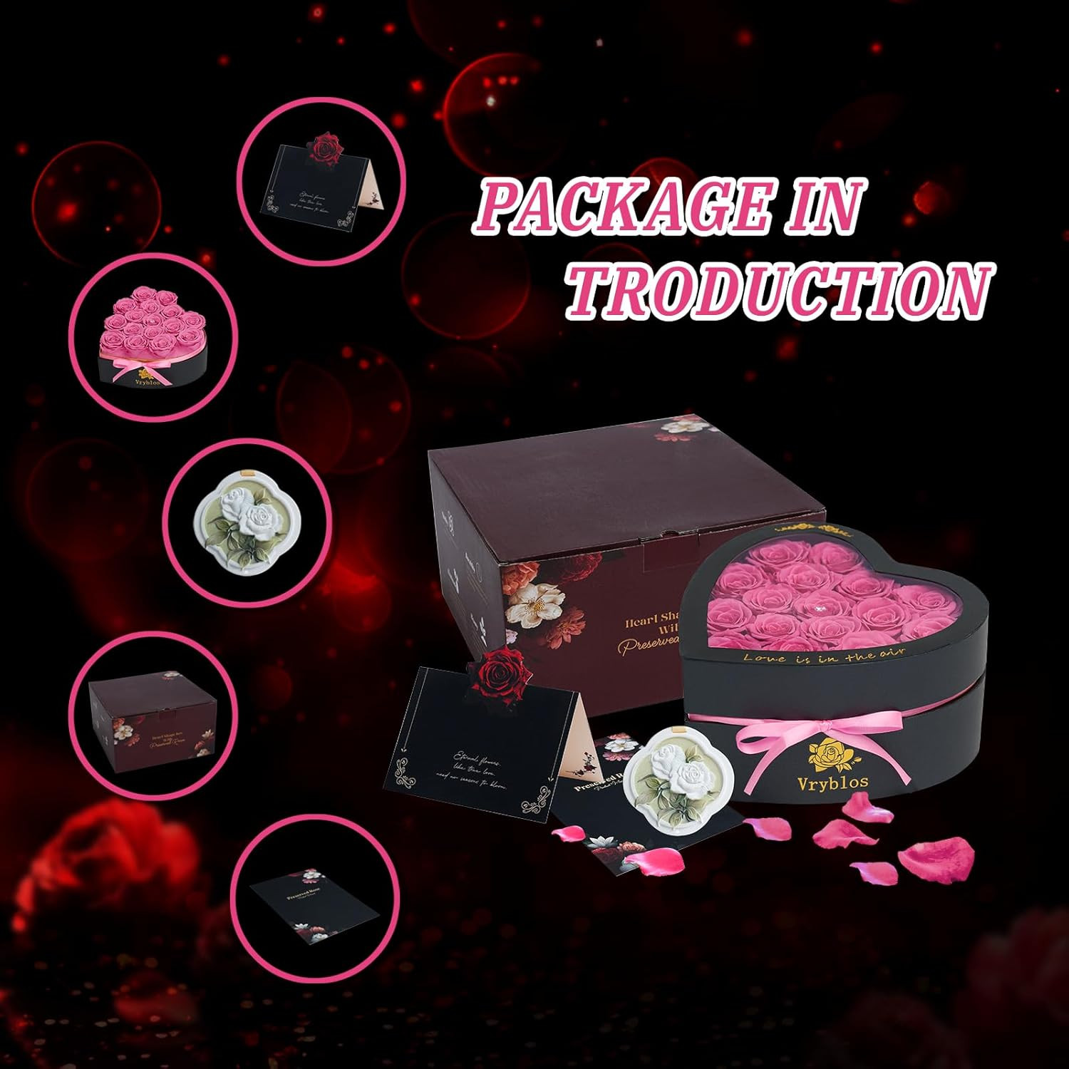 16 Pieces Forever Flower Heart Shape in a Box Preserved Pink Roses for Delivery