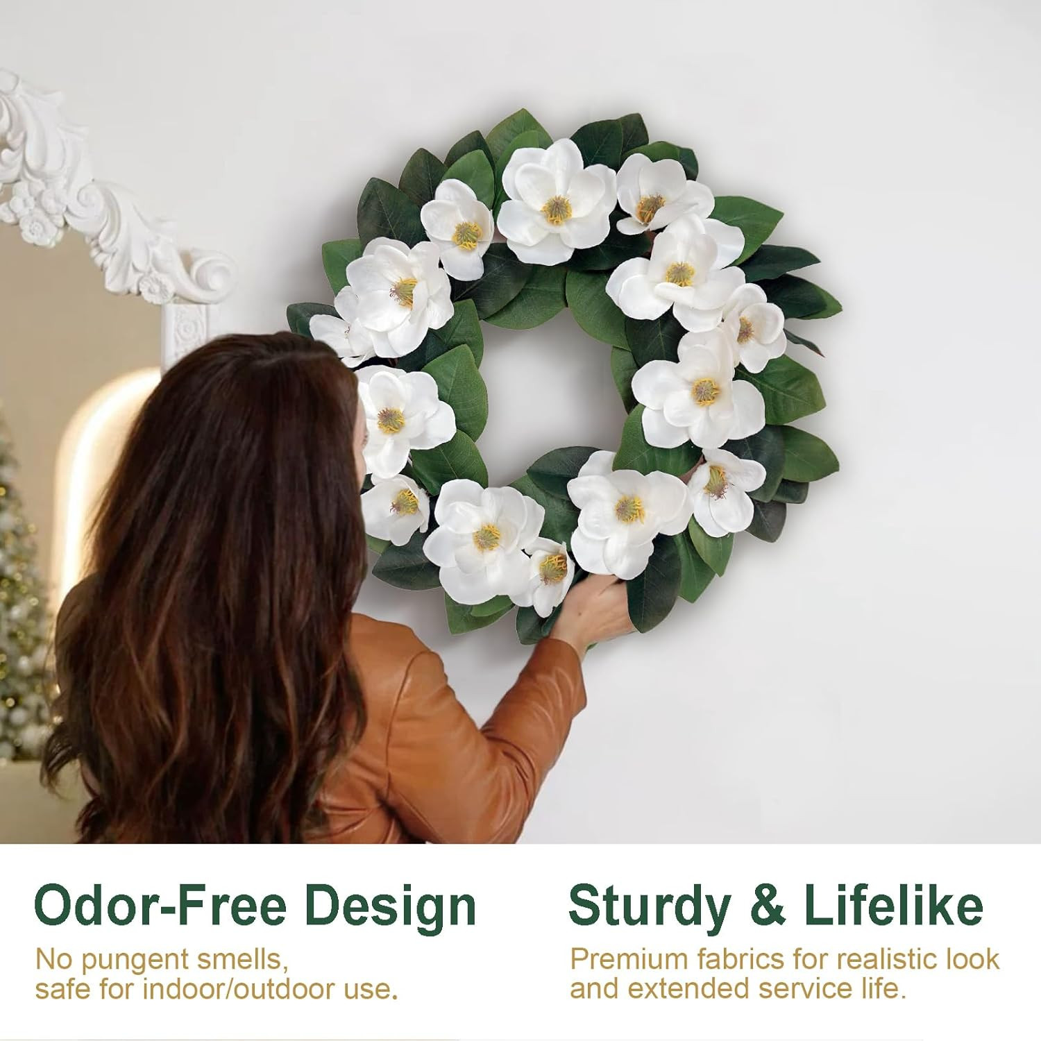 24″ Faux Magnolia Wreath for Year-Round Home Decor – Front Door & Wall Accent