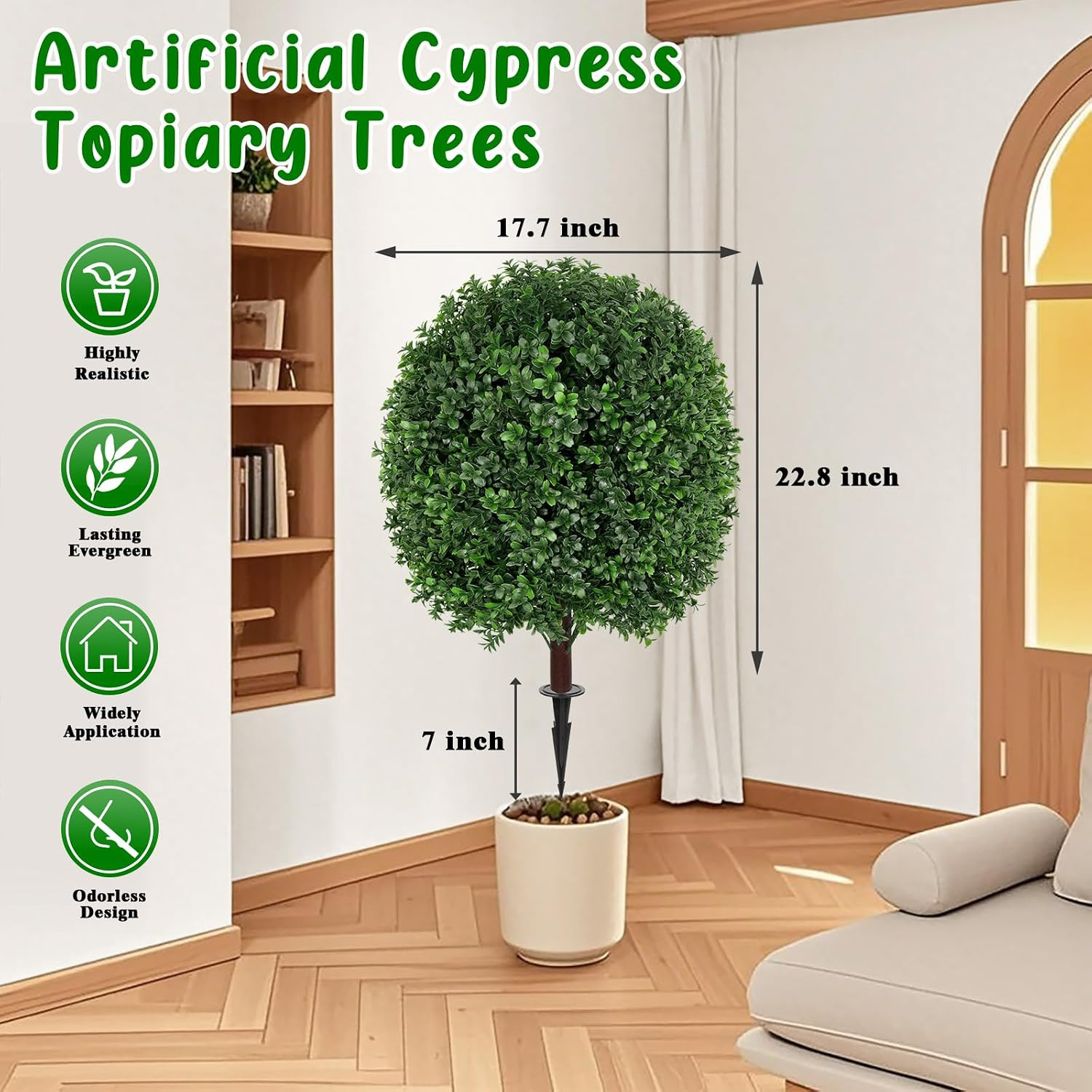 Artificial 27.5 Inches Boxwood Topiary Ball Tree with Ground Spike, Set of 2 Art