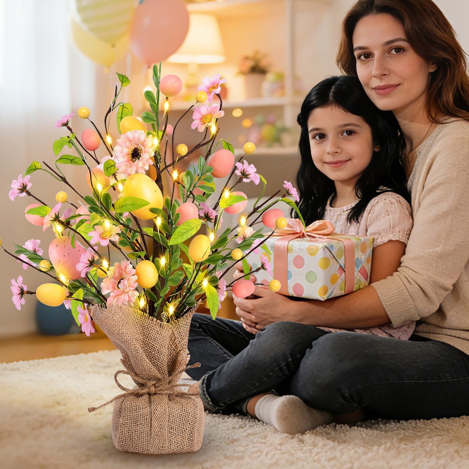 Pink PreLit Easter Egg Tree Tabletop Decor Delicate Ornaments Party Center
