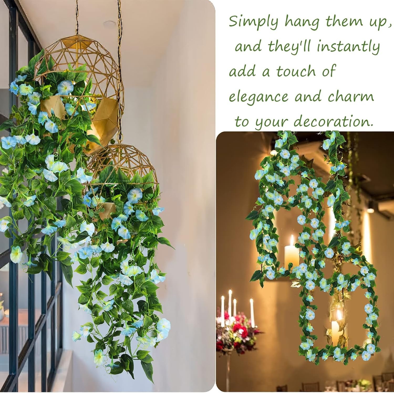 “2 Pcs Artificial Vines for Outdoors Silk Morning Glory Vines 15Feet Blue “