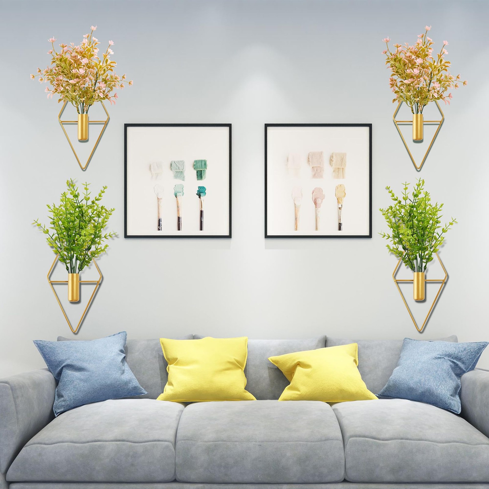 Plant Wall Decor with Pink Artificial Flowers in Diamond Hanging Vase Set of …