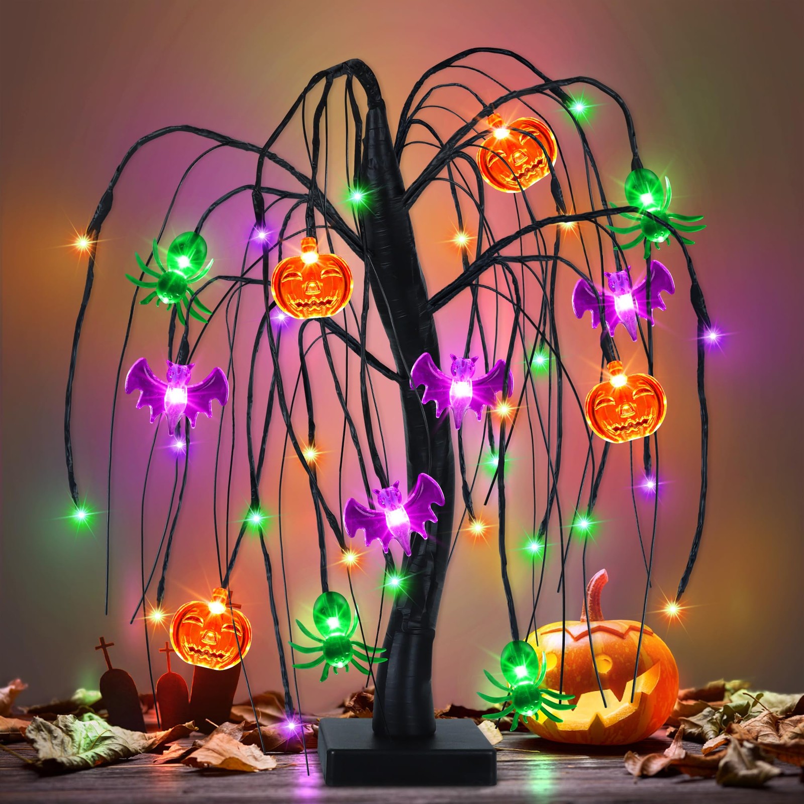 Halloween Table Decor 18 Inch 36 LED Halloween Willow Tree with Pumpkin Bat S…