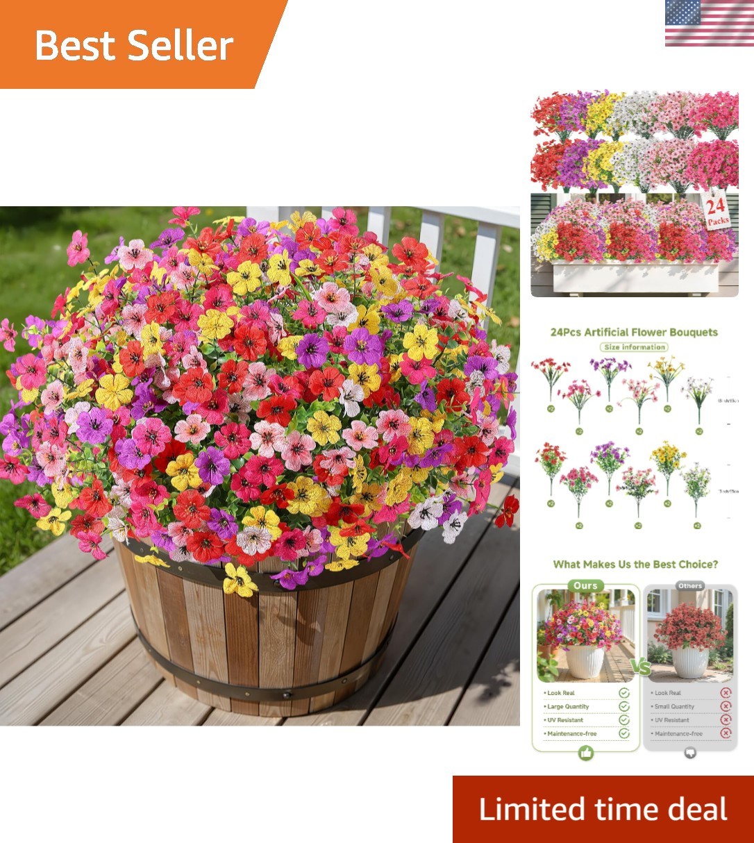 Mix of 6 Colors 24 Bundles Artificial Flowers for Elegant Indoor & Outdoor Use