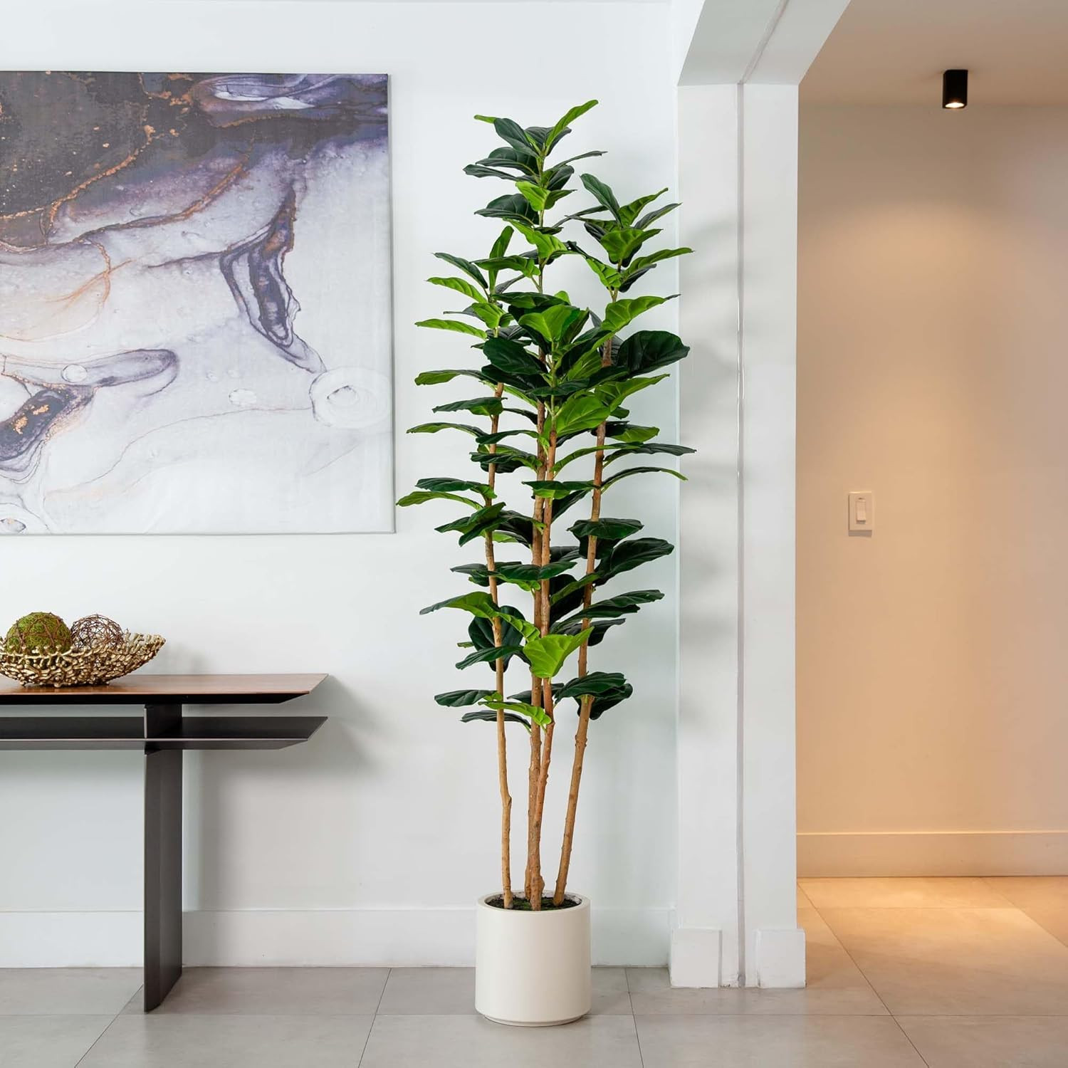 7Ft Artificial Fiddle Leaf Tree in Stylish White Planter –