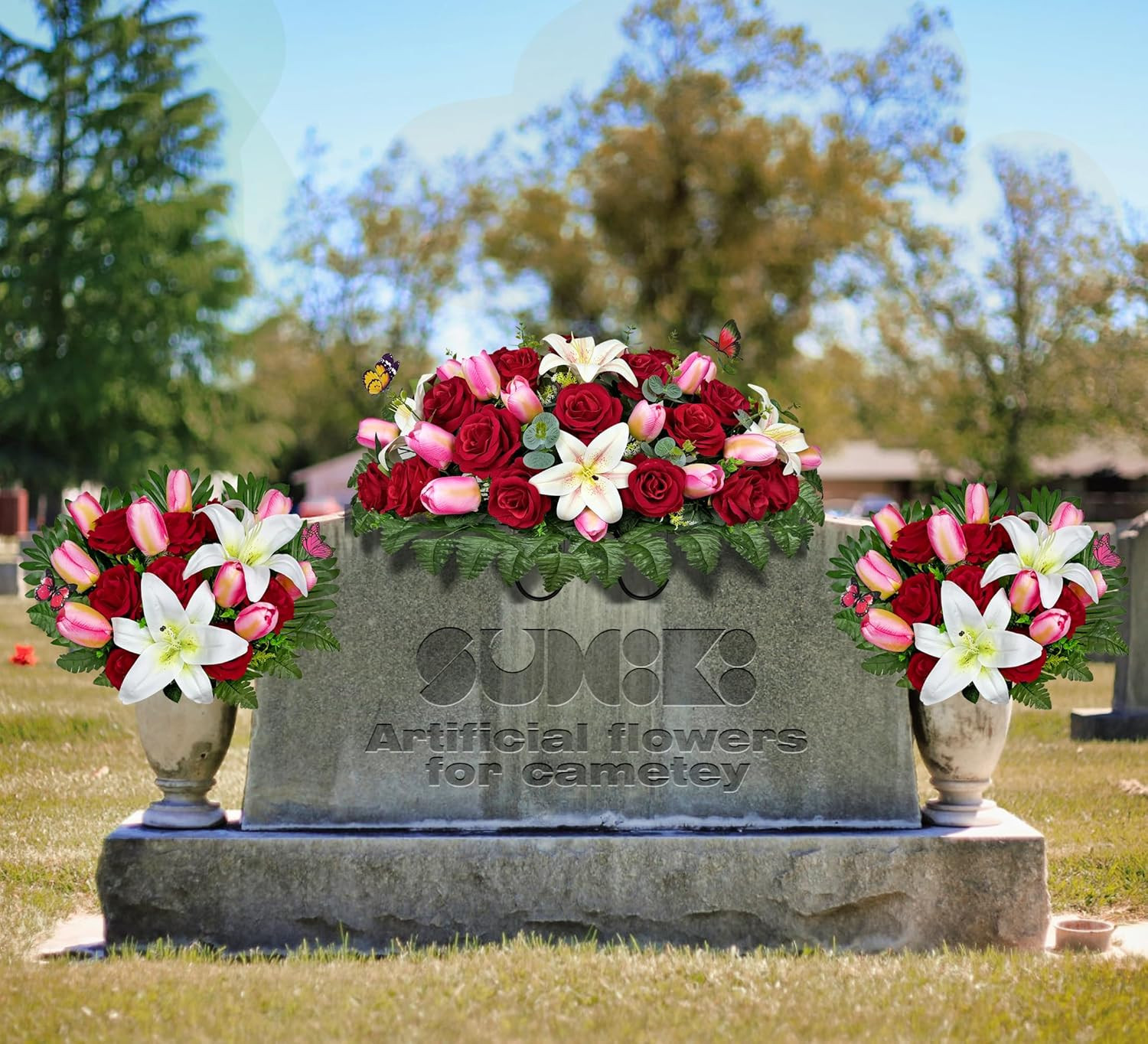 Realistic Silk Cemetery Flowers – Pink Tulip, White Lily, Red Rose Saddle Decor