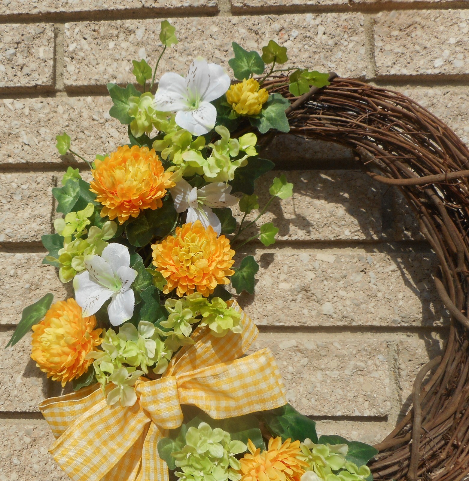 17″ Yellow Mum Green Hydrangea White Floral Spring Summer Grapevine Door Wreath