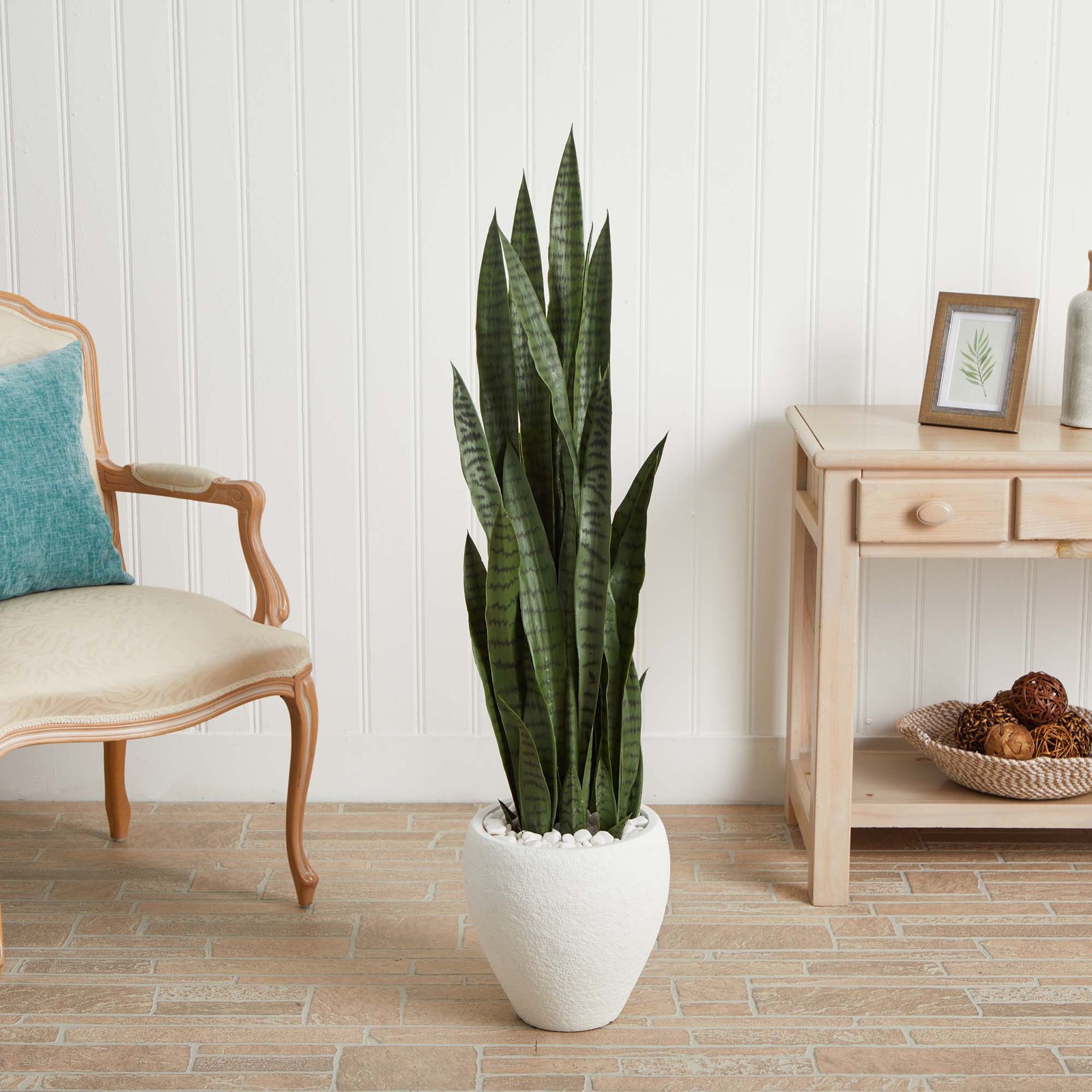 Nearly Natural 51″ Sansevieria Artificial Plant in White Planter in Green
