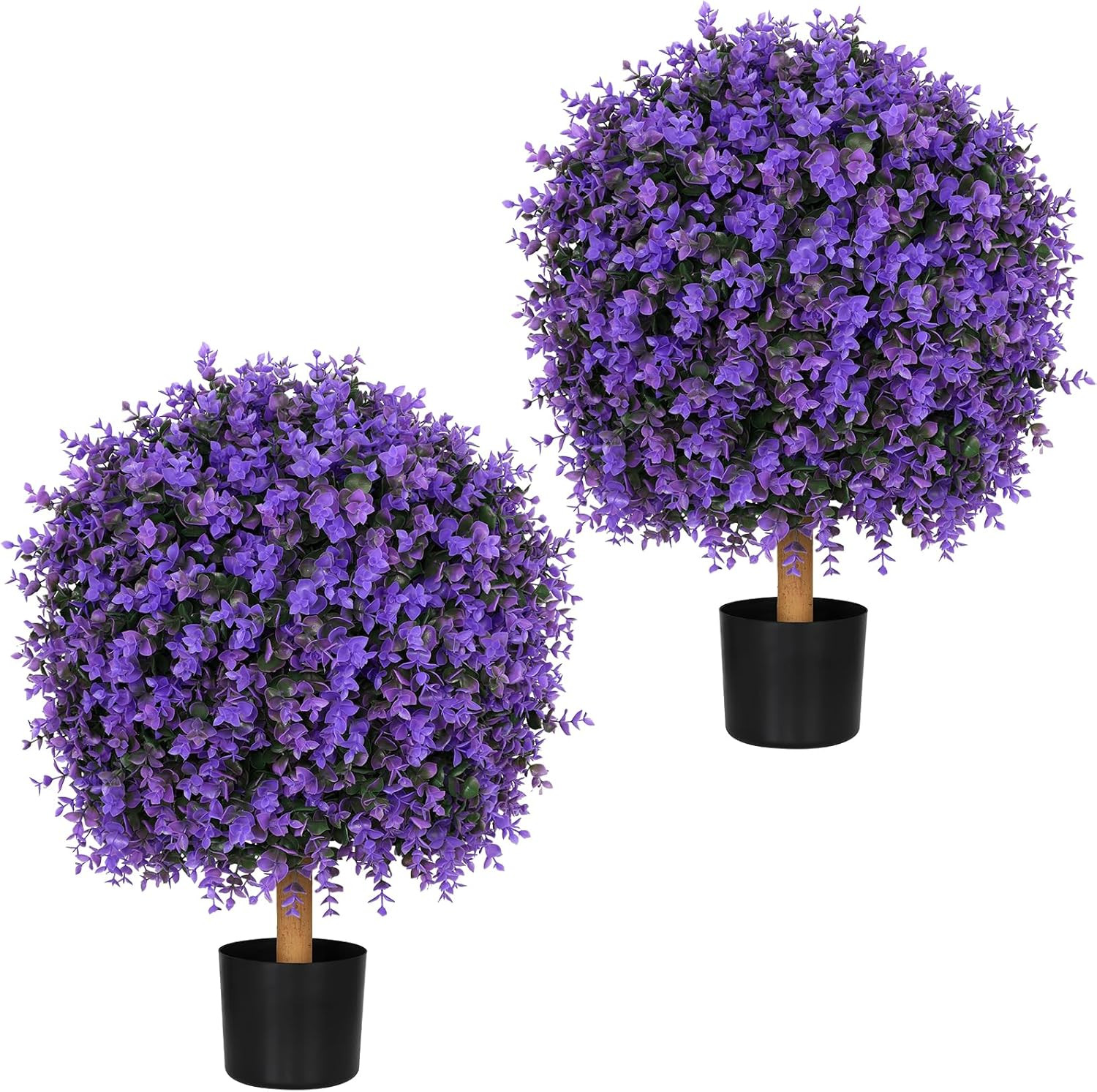 Set of 2 UV Resistant Purple Boxwood Topiary Balls in Black Pots, 26