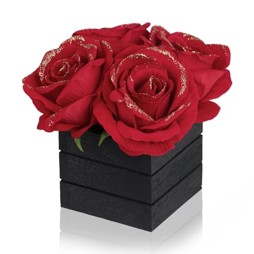 Artificial with Wooden Vase Silk Red Glitter Rose in Black Wood Box Red Roses