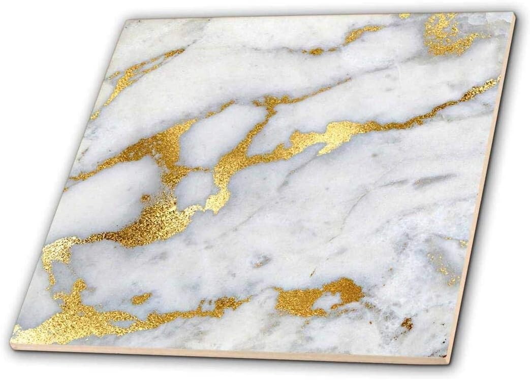 3dRose Image of Luxury Grey Gold Gem Stone Marble Glitter Decorative Tile 12″