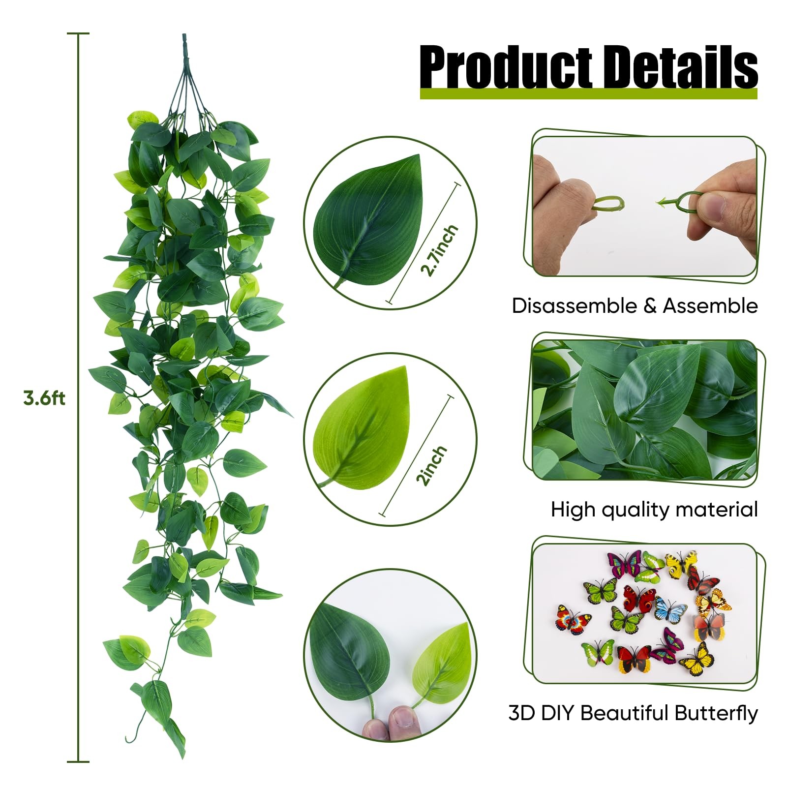 Beksodi 2pcs Artificial Hanging Plants, 3.6FT Fake Hanging Plants, Faux Potho…