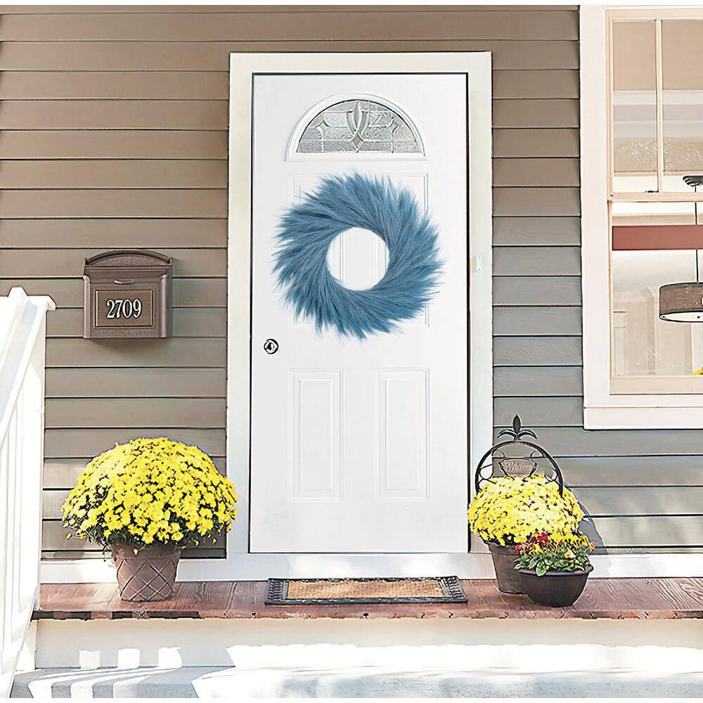 1 In. Boho Series Blue Green Artificial Plant Pampas Grass Wreath Fluffy Farmhou