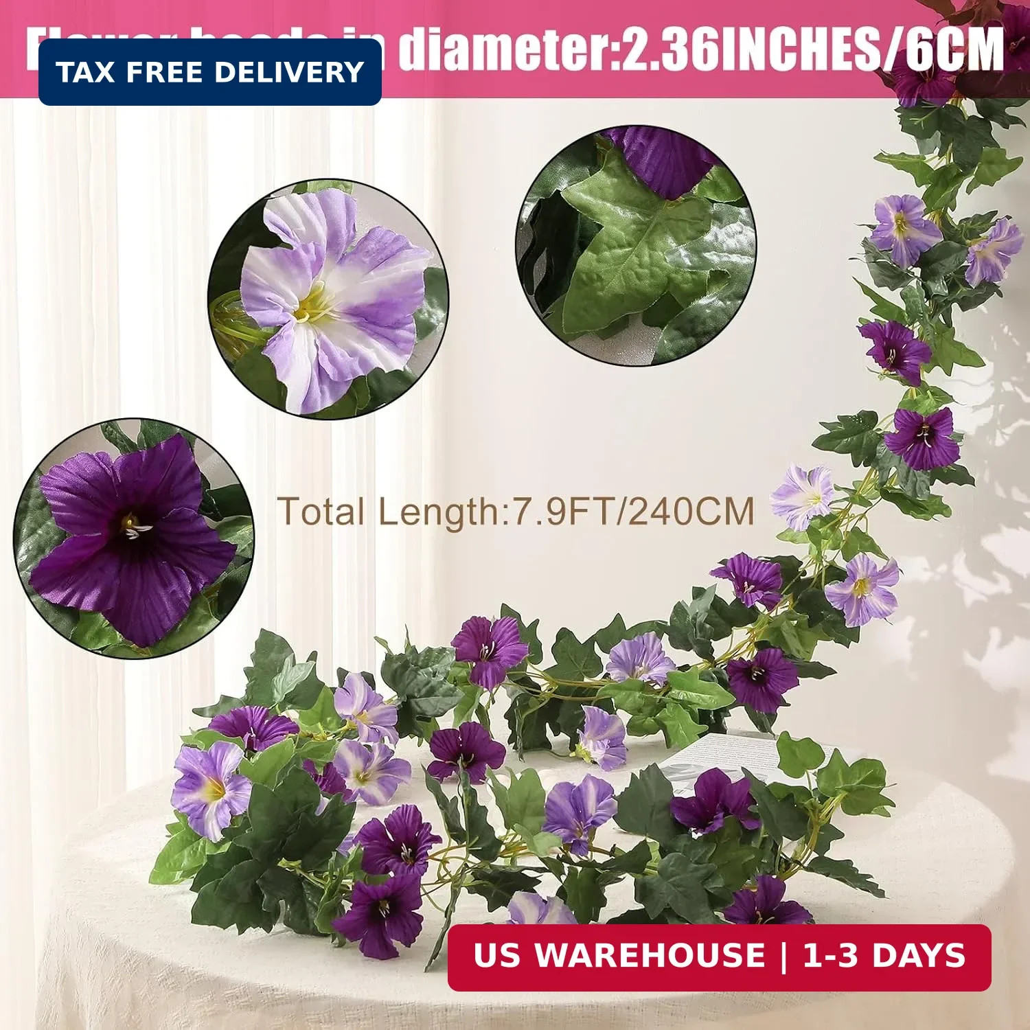 Floweroyal 2 Pack Artificial Flower Garlands 15.8FT Fake Morning Glory Vines Sil
