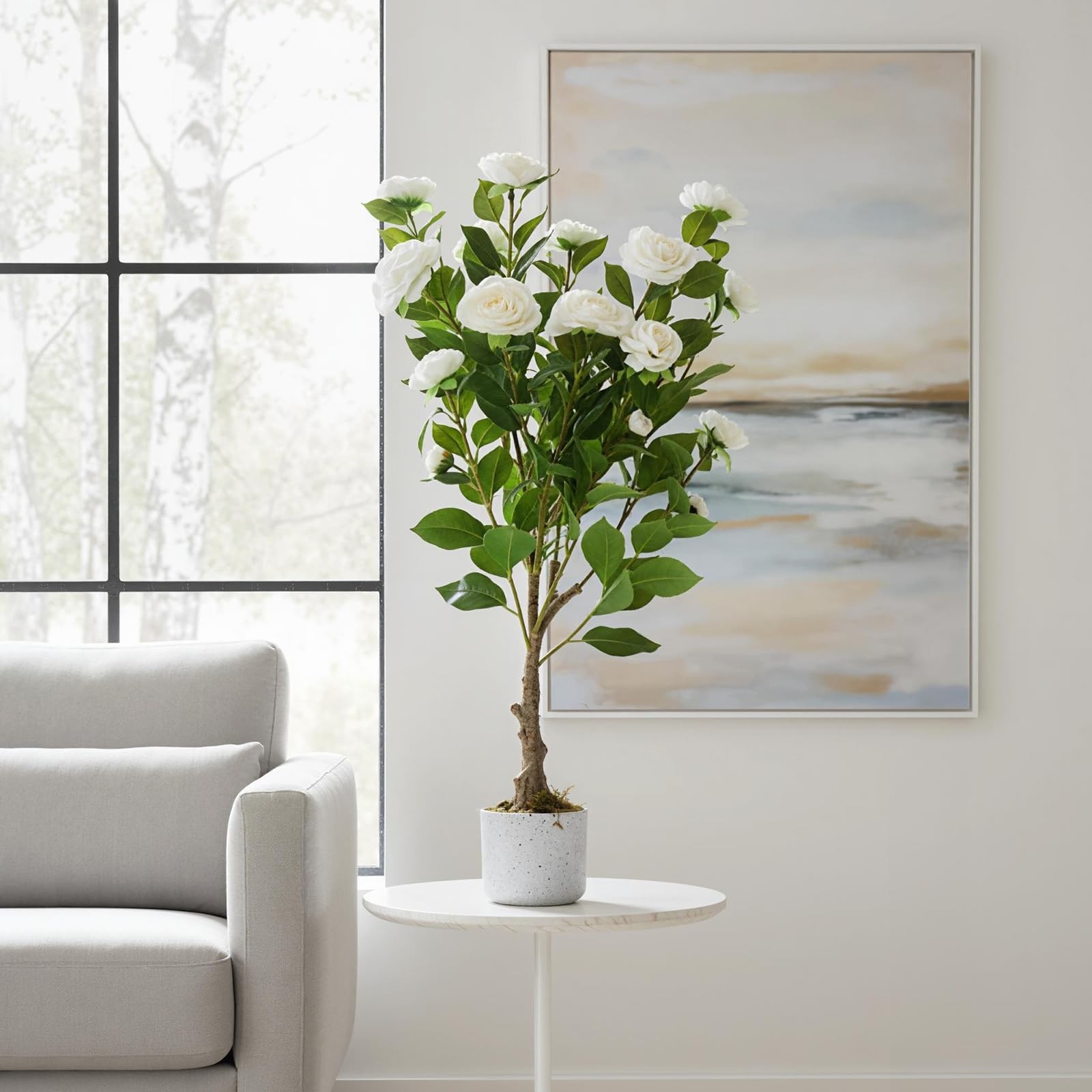 2.8FT Artificial Camellia Tree White Planter&20 Flowers,Faux Flower Plant,Decor