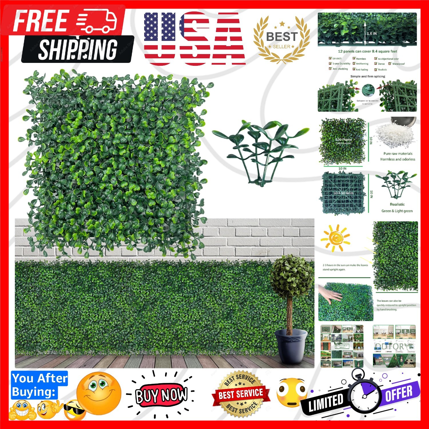 Artificial Grass Wall Panel Backdrop,10″ X 10″ 12P8.4 sqft UV-Anti Greenery B…