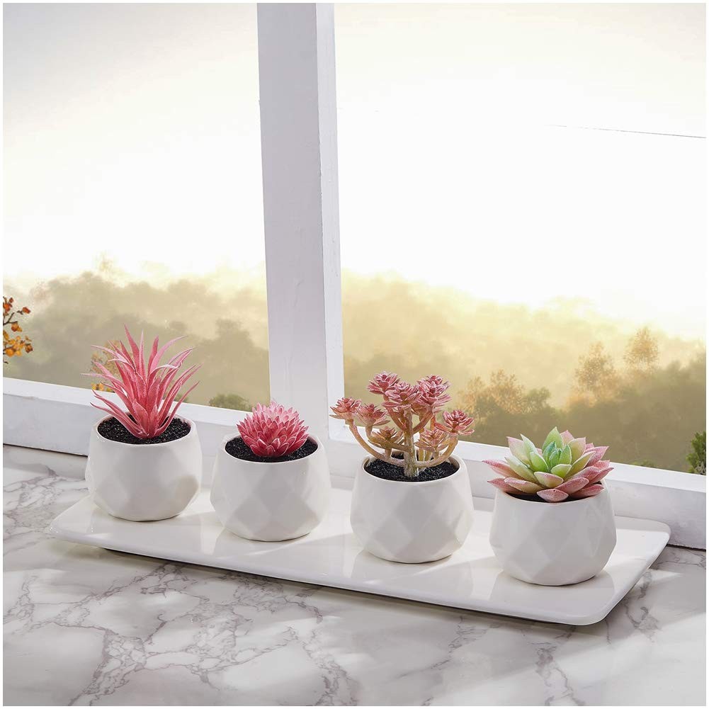 Fake Succulent Plant Set Artificial Desk Plants in Mini Pink Ceramic Pots