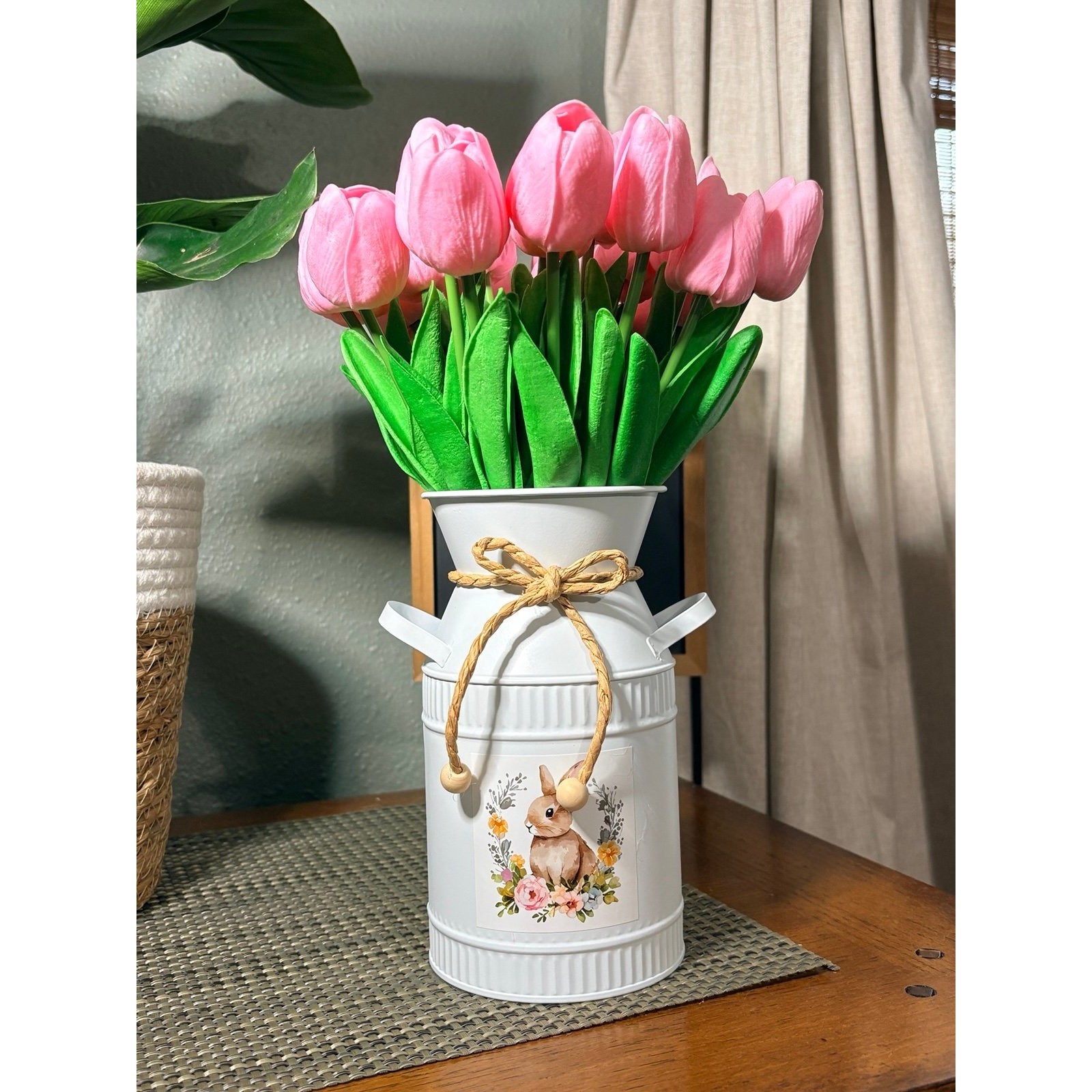 Pink Tulip Arrangement Bunny Metal Milk Can Vase Easter Spring Decor