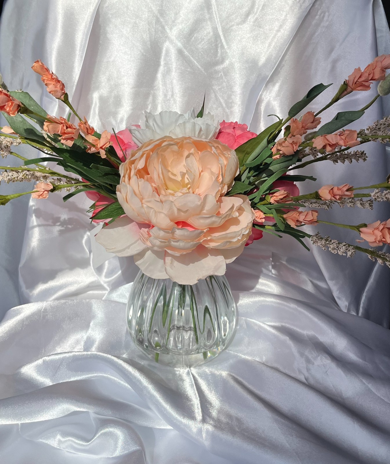 Coral and Peach Peony Silk Flower Arrangement with Vase and Clear Acrylic Water