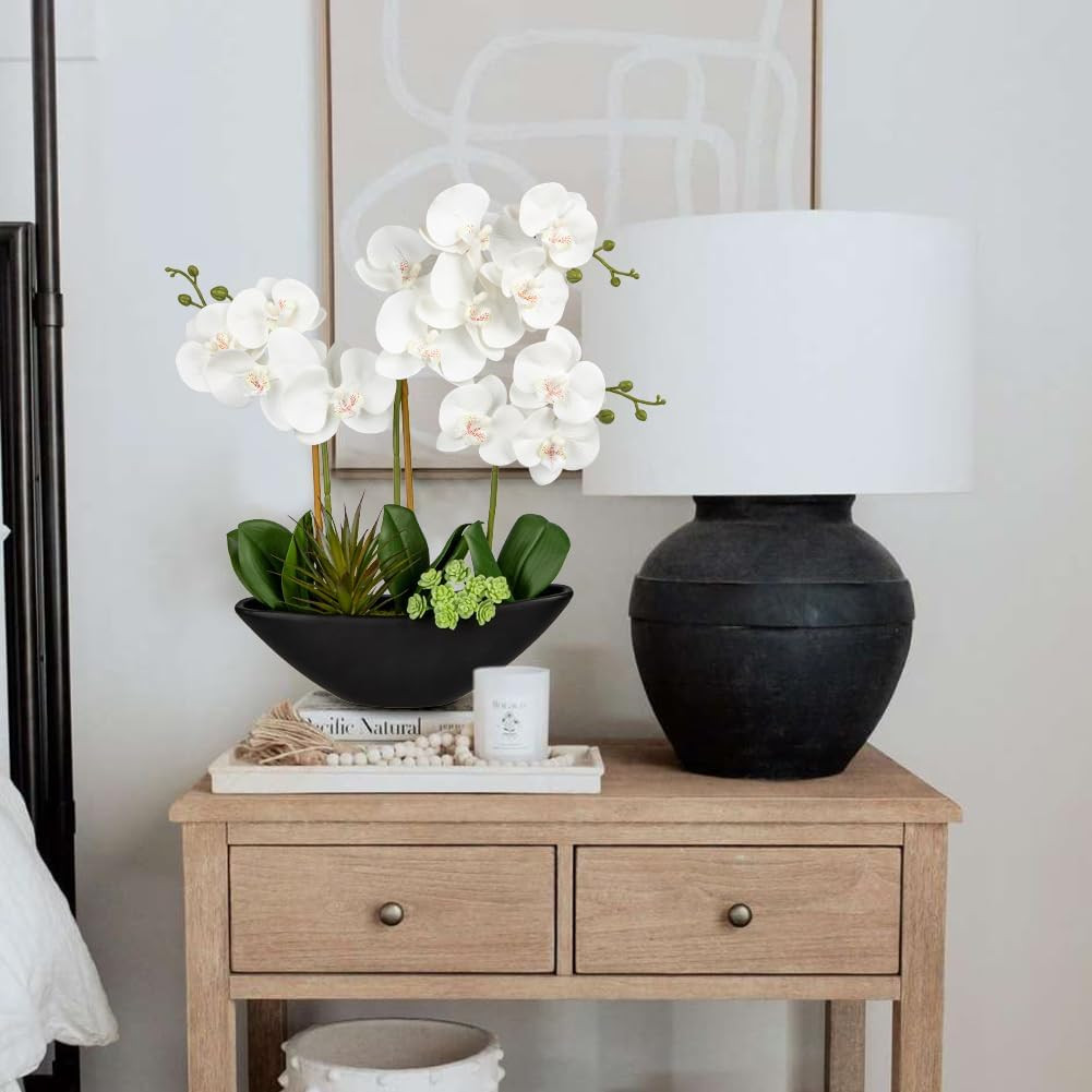 16.1″ White Artificial Orchid Flowers in Black Pot for Home Decor