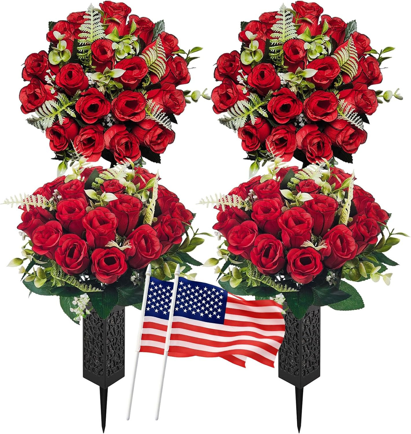 2 Pack Cemetery Flowers for Grave with Spiked Vases, 18-Stem Red Artificial Rose