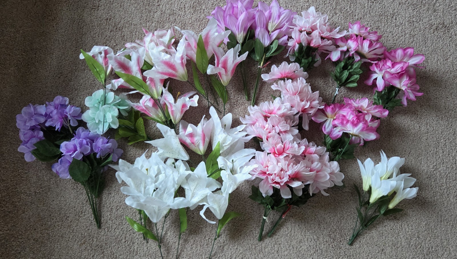 Colorful Fake Flowers Bunches- Lot Of Various Flower Types, Colors 18 Bunches