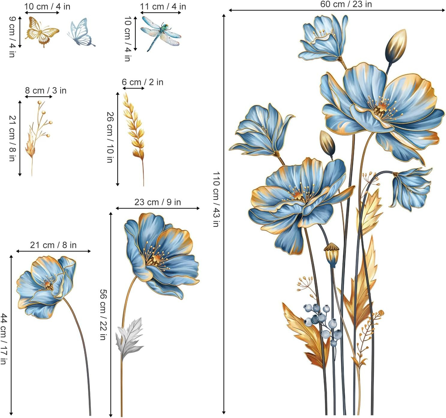 Large Blue Flower Wall Stickers Floral Butterfly Plants Gold Leaves Wall Decals