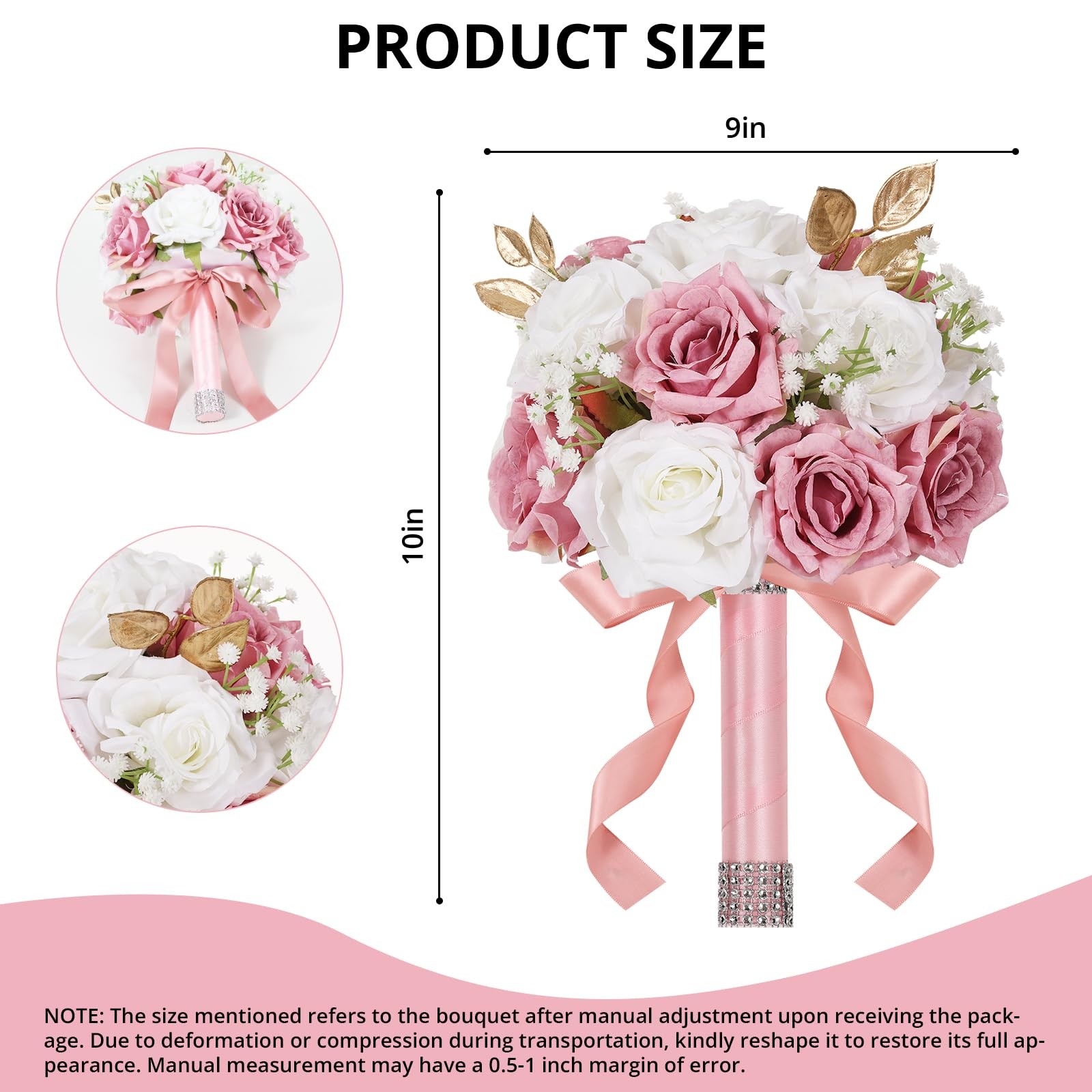 Wedding Bouquet For Bride Realistic Silk Artificial Roses White Pink 9 Inch