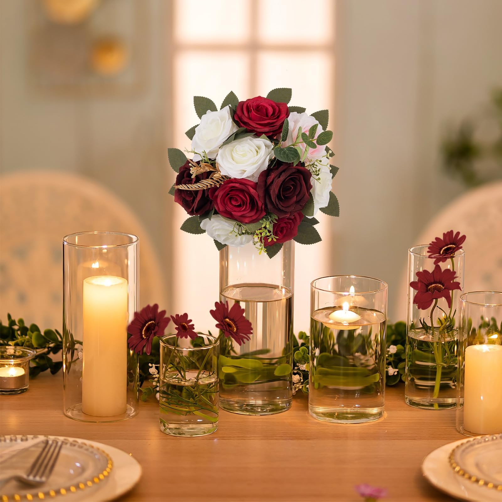 Artificial Flowers Wedding Centerpieces 2 Pcs Burgundy Rose Artificial Flower…