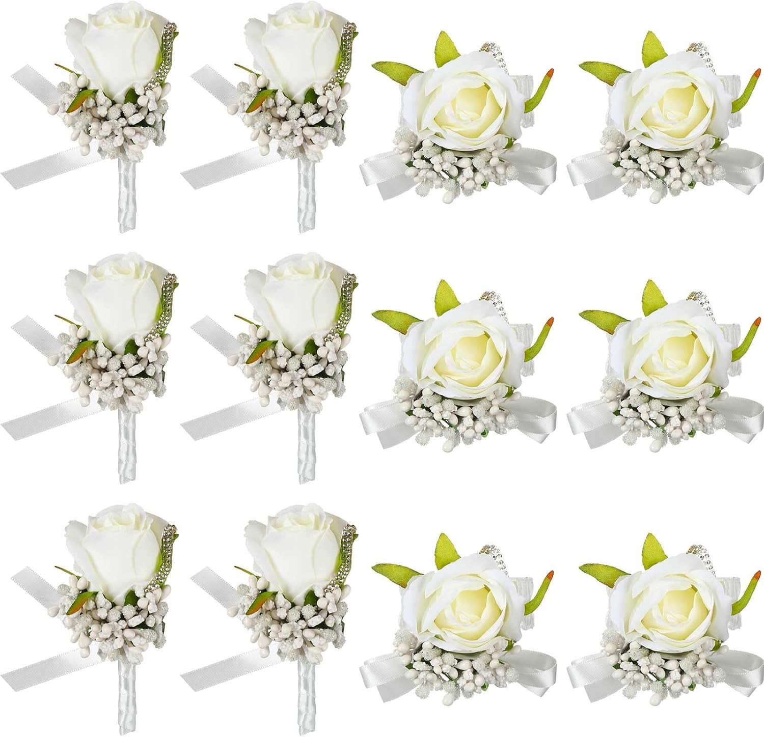 12 Pcs White Rose Corsage, Boutonniere Set, 6 Wristlet, 6 Mens, Wedding