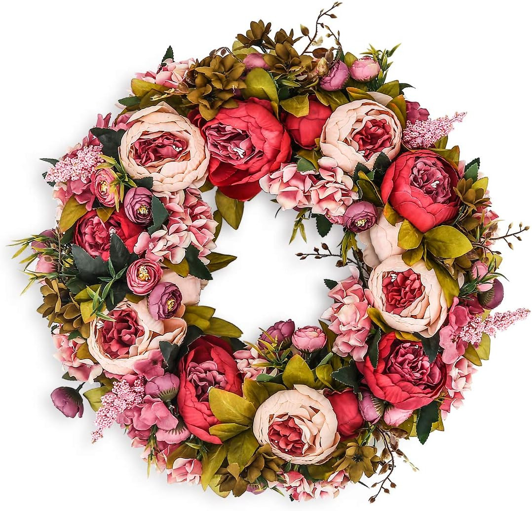 Artificial Peony Flower Wreath 19Inch Vintage Blooming Silk Peonies Spring Summe