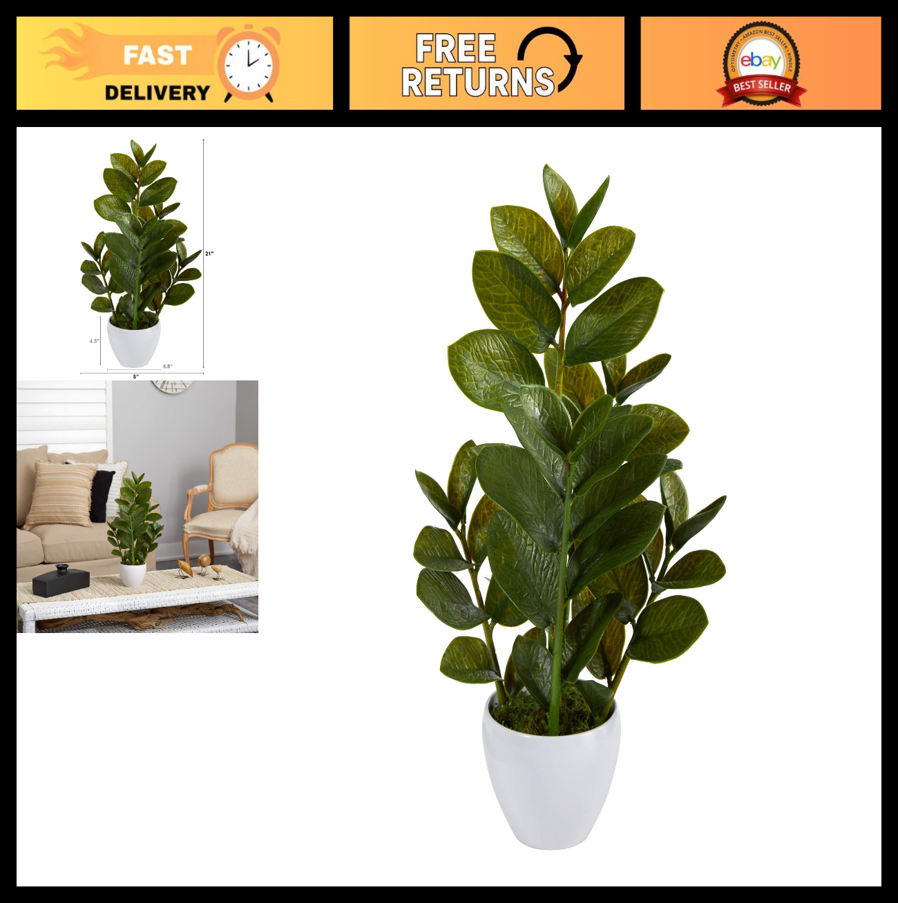 22in ZZ Plant – Realistic Zamioculcas Artificial Plant with White Planter