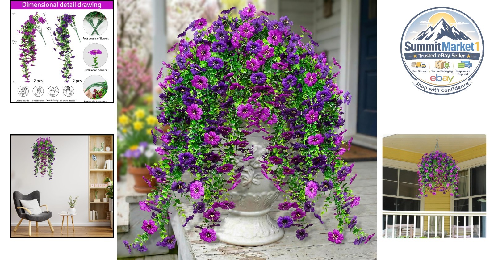 Artificial Flowers Hanging Garden Decoration 4Pcs Purple Violet