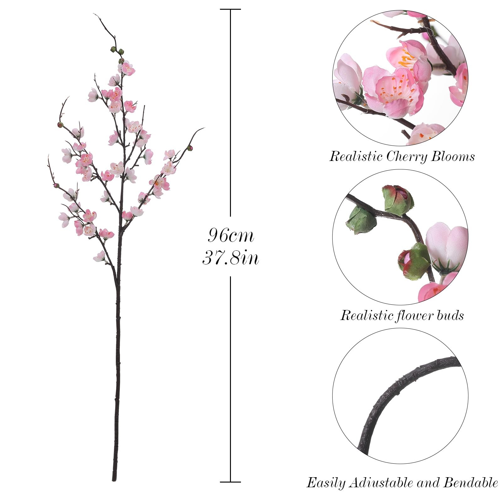 Artificial Pink Cherry Blossom Branches 3Pcs 37.8″ Faux Silk Cherry Blossom, …