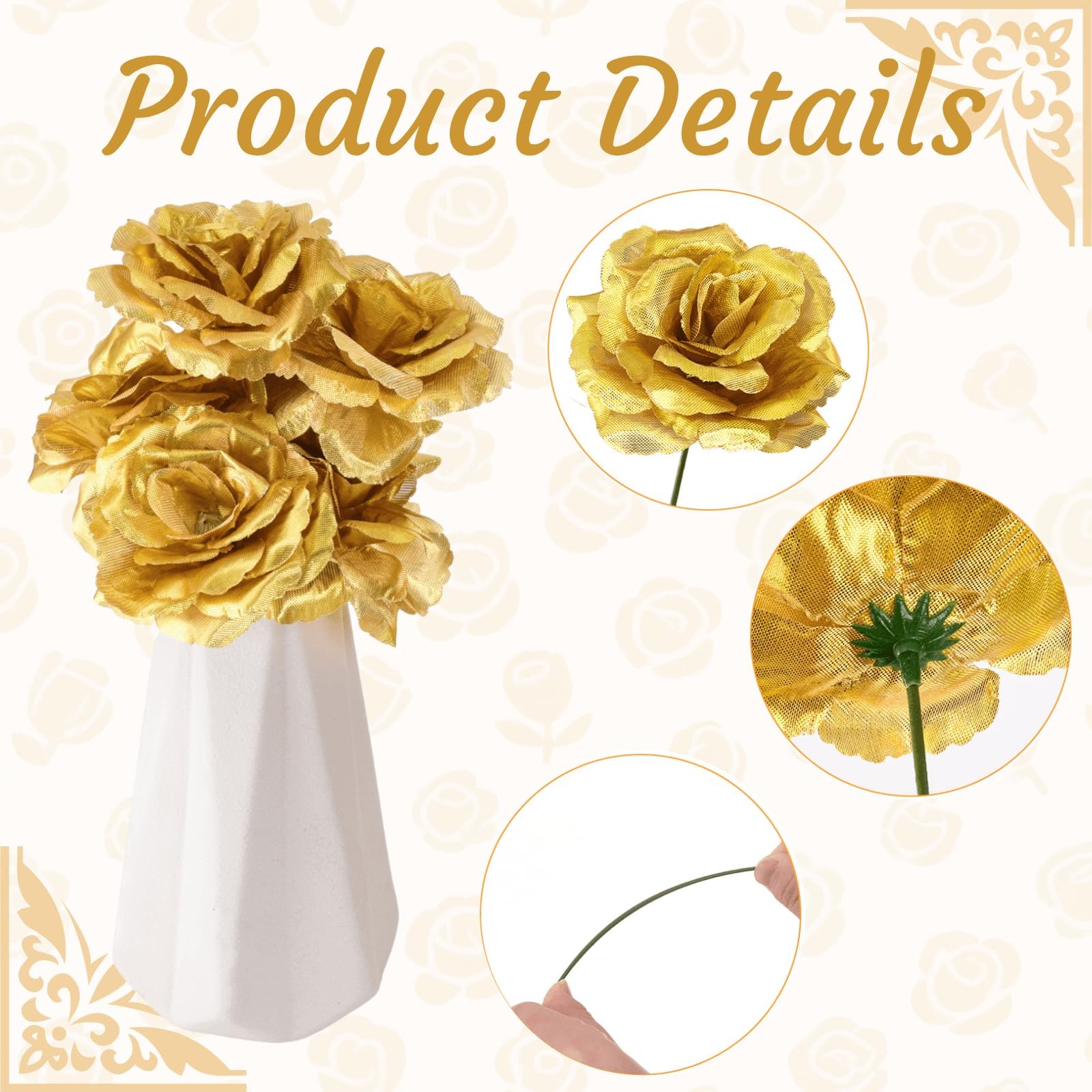 100 Pcs 3.5 Inch Gold Artificial Rose Heads with Stems, Silk Rose Faux Flower…