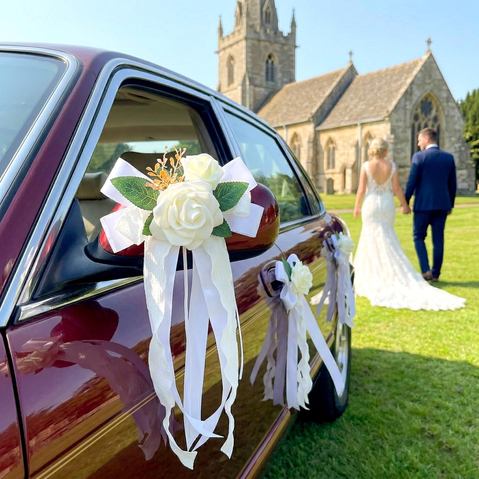 4PCS Wedding Car Door Handle Decorative Flowers, White Artificial Cars Bouque…