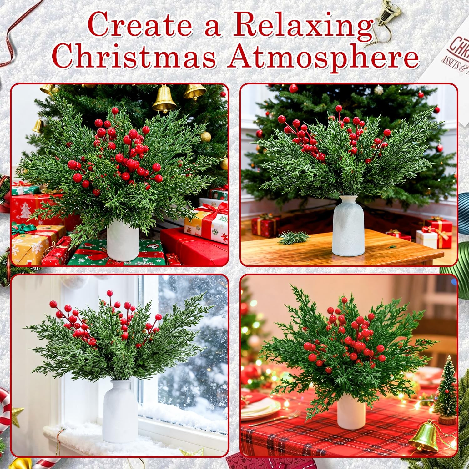 50 Pcs Christmas Artificial Pine Branches with Red Berry Stems, Fake Pine Nee…