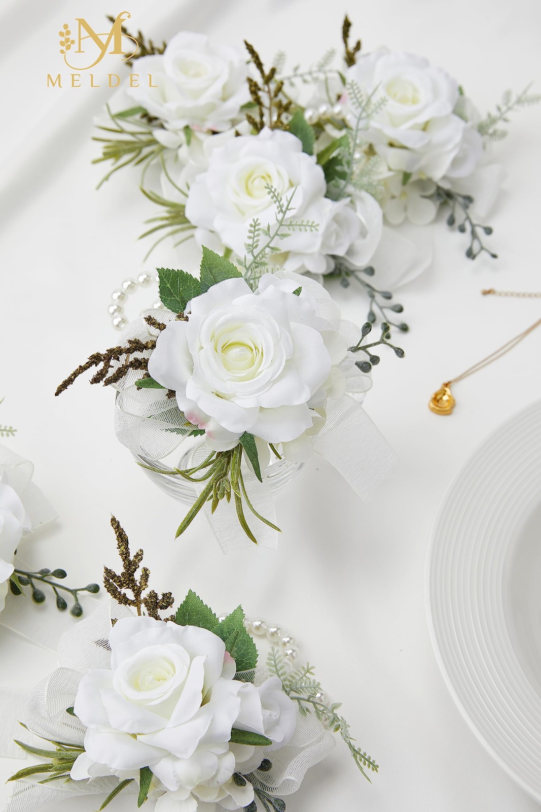 6 PCS Artificial White Rose Pearl Wrist Corsage Wedding Prom Party Bride