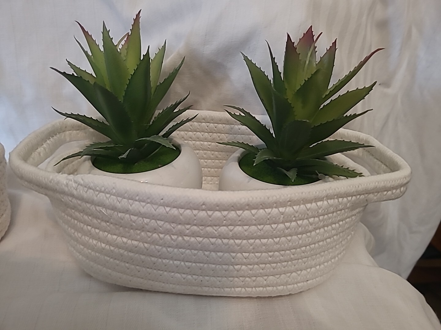 Set of 4 Decorative & Artificial Green Plants-White In Ceramic Pots W/baskets