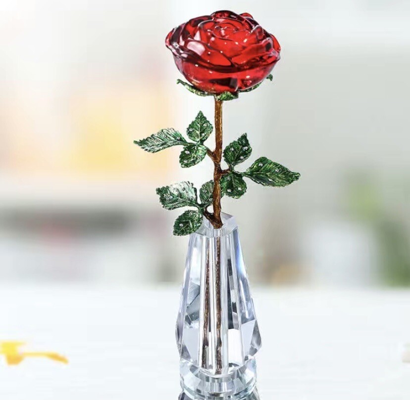 Crystal Glass Red❤️Rose Flower Gold Plated Long Stem Love Valentine’s Day Gift🌹