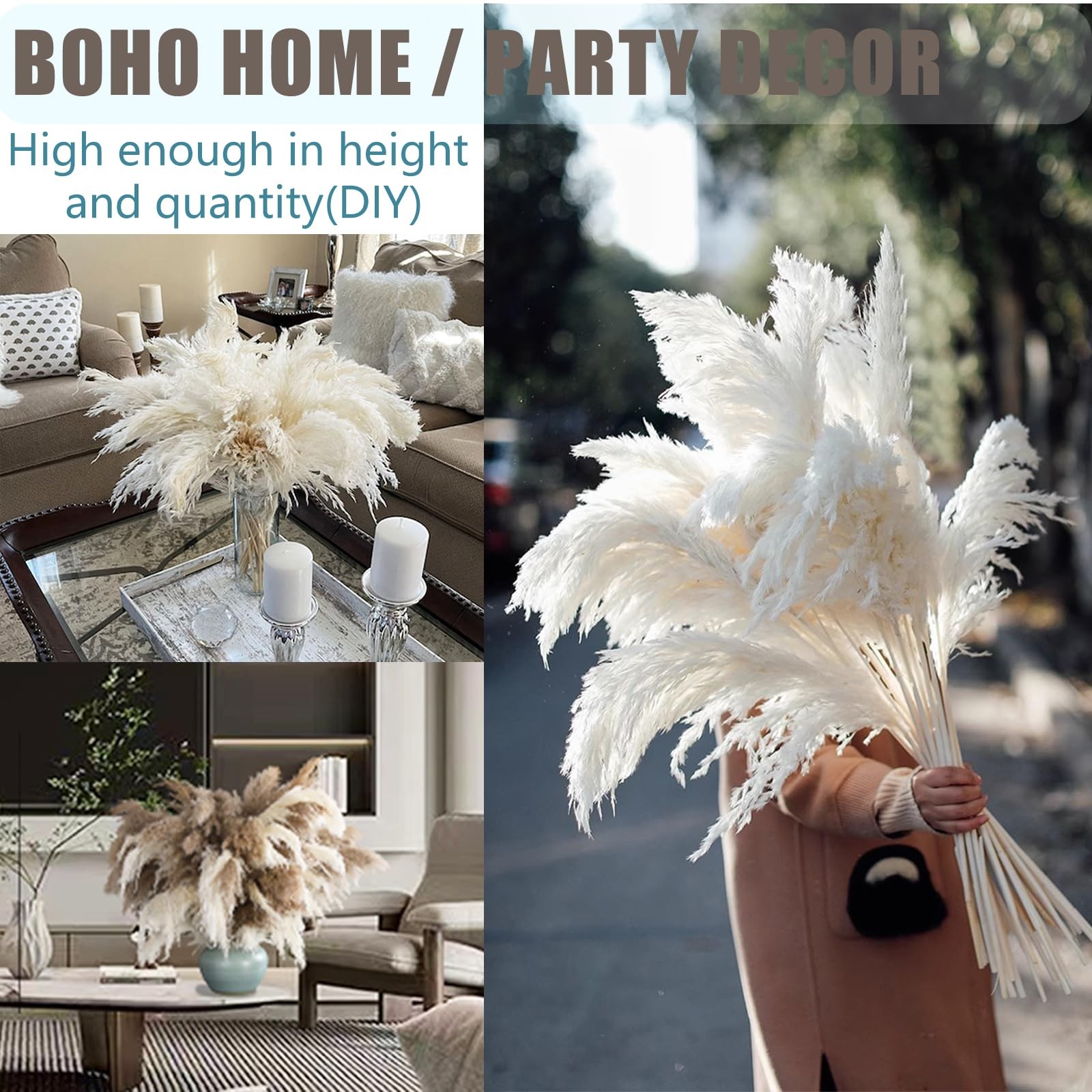 30 Stems 28″ inch Large White Pampas Grass Fluffy, Boho Home Decor, Natural F…