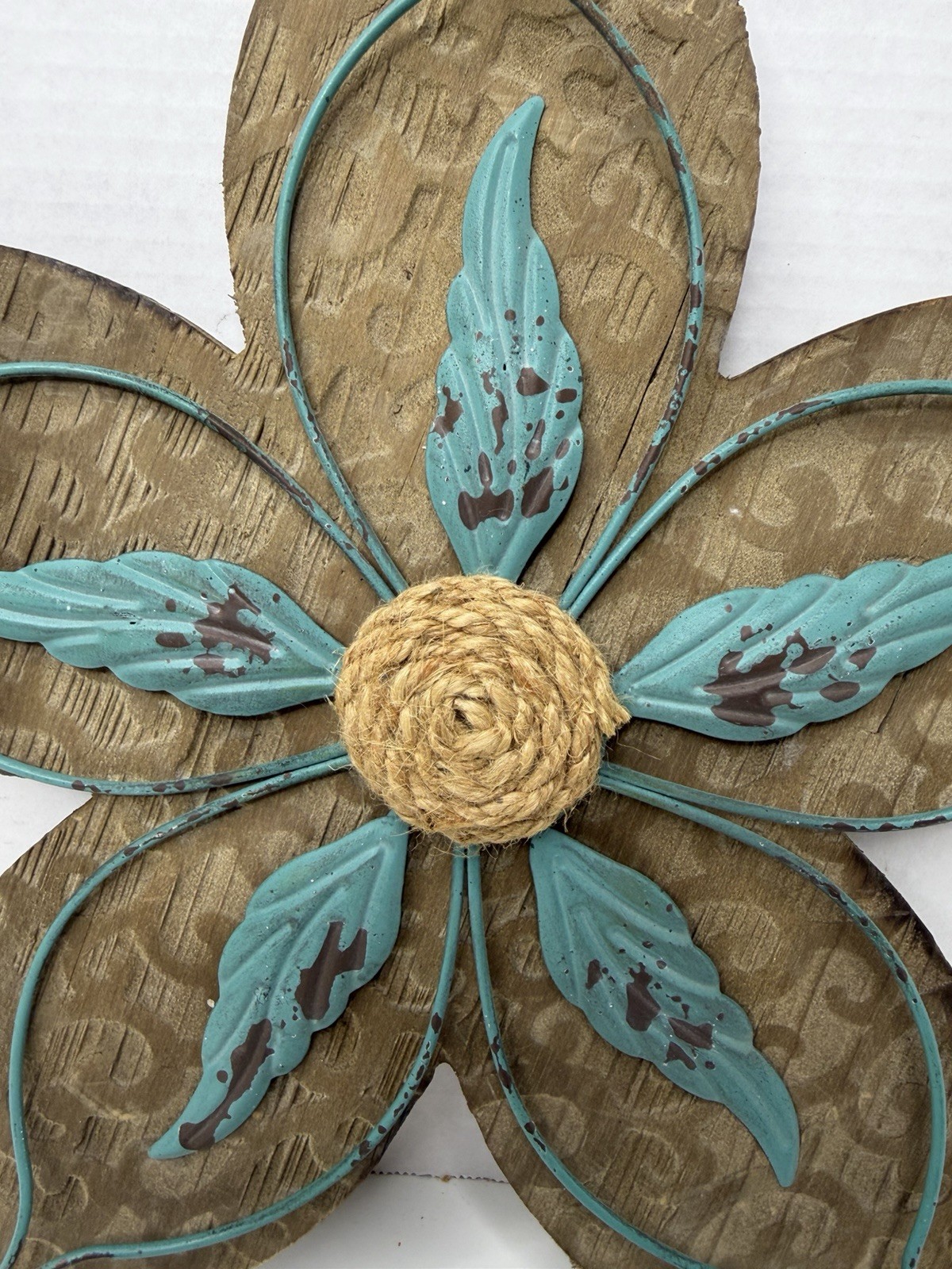 Rustic Wood Flower With Metal Center Wall Hanging Decor Teal 13.25”